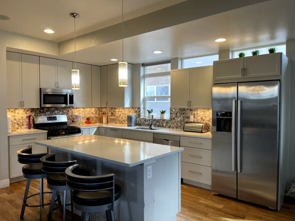 Bright kitchen featuring pendant lighting and island