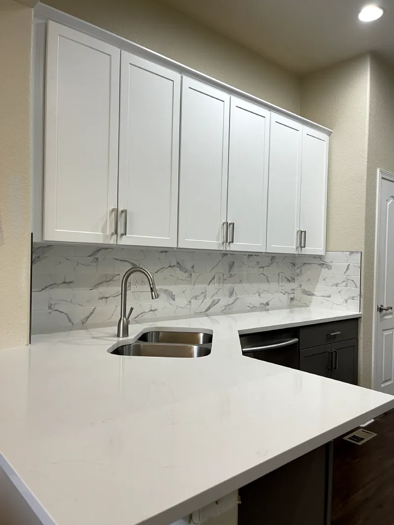 Sleek kitchen with marble backsplash