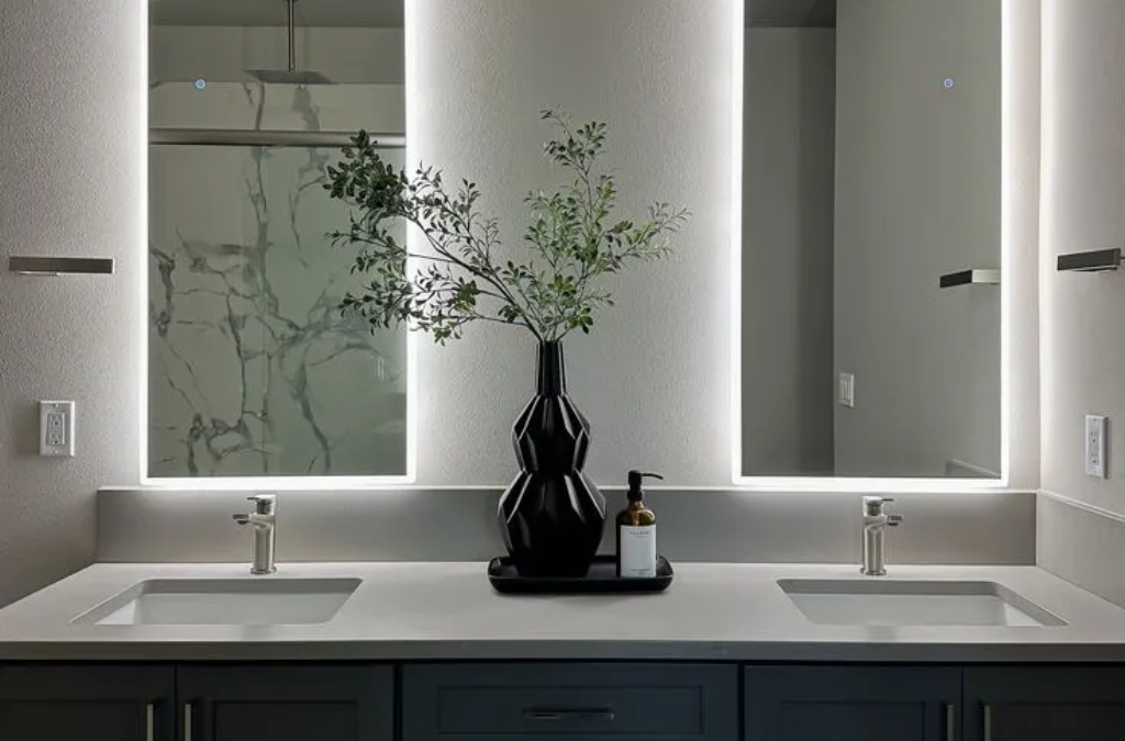 Double sinks and elegant black vase